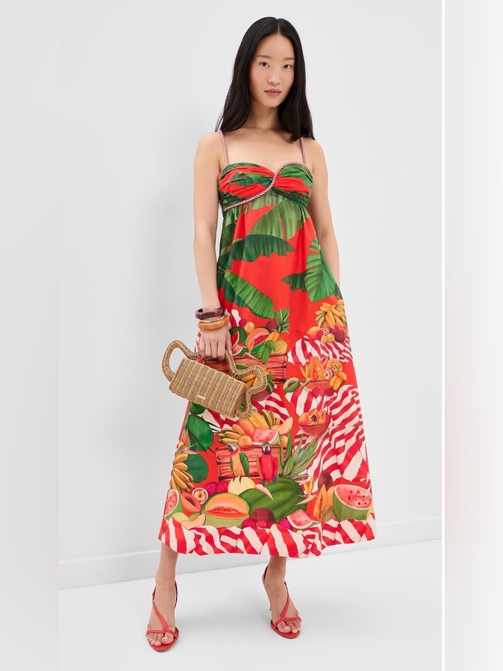 FARM Rio Tropical Print Red Maxi Dress with Green Leaf Detail, size Medium